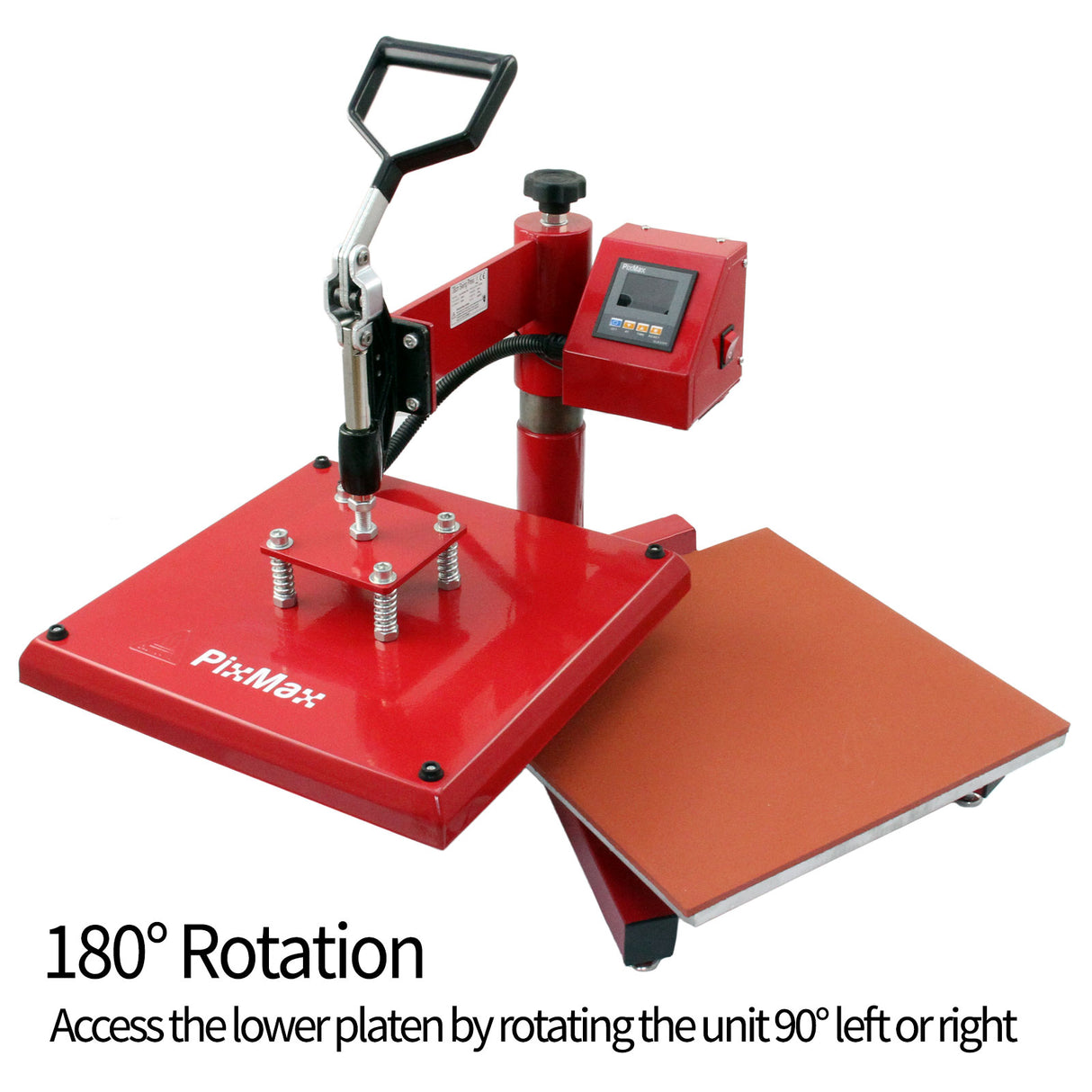 Presse à chaud Pixmax rouge avec plateau pivotant, écran numérique et bras de levage, idéale pour le transfert de vinyle