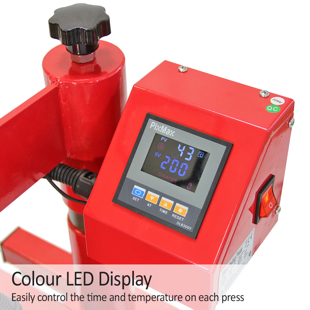 Écran LED couleur affichant le temps et la température, presse à chaud rouge Pixmax avec boutons de contrôle et compteur intégré
