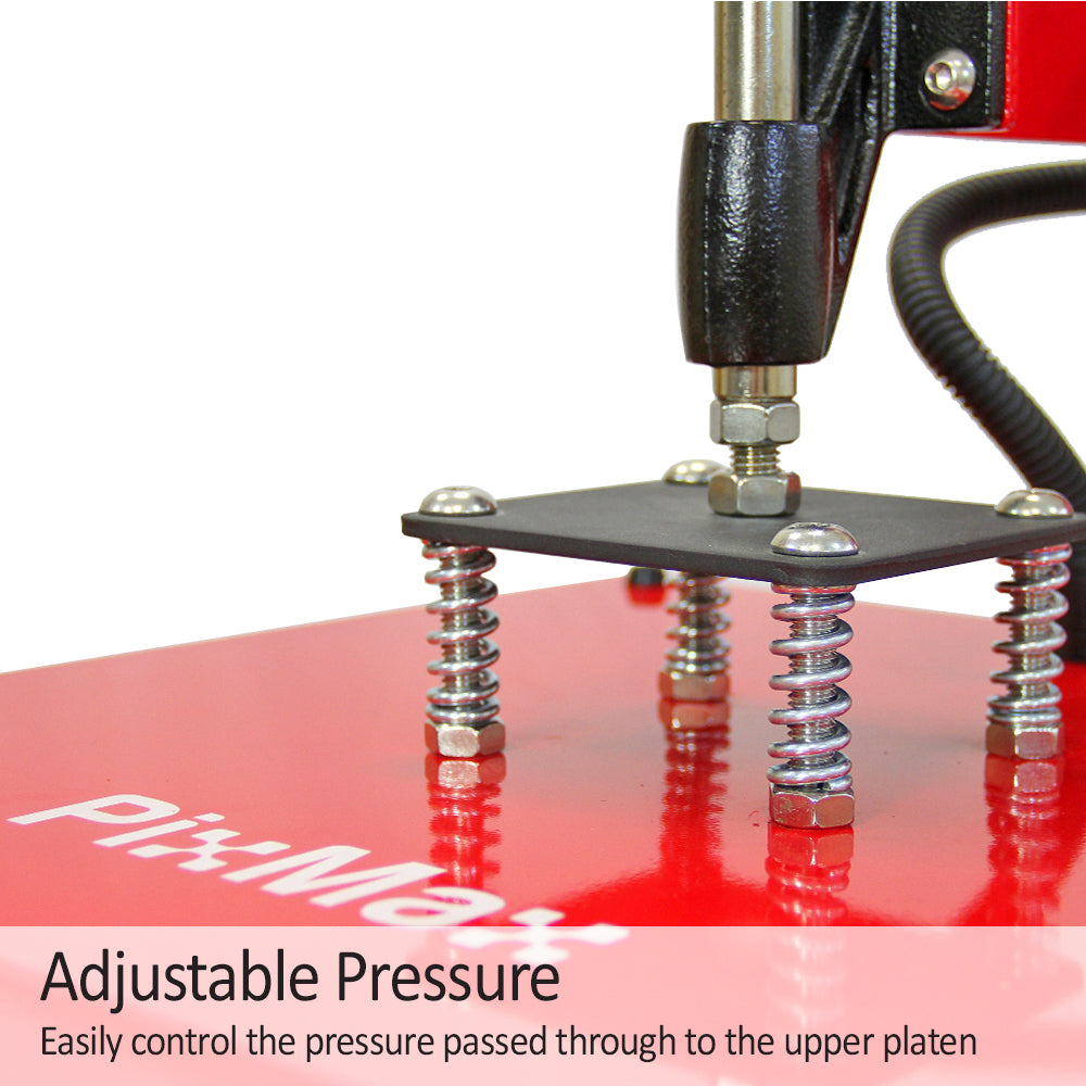 Presse à chaud Pixmax rouge avec plaque supérieure réglable, vis en métal et ressorts pour ajuster la pression de transfert