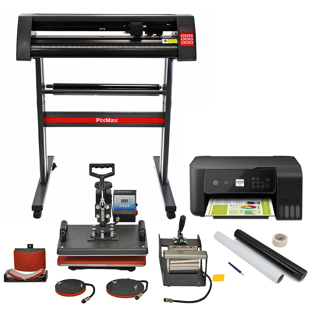 Presse à chaud 5 en 1 PixMax avec plotter de découpe, imprimante, et outils de traçage, sur fond noir, finition métallique élégante