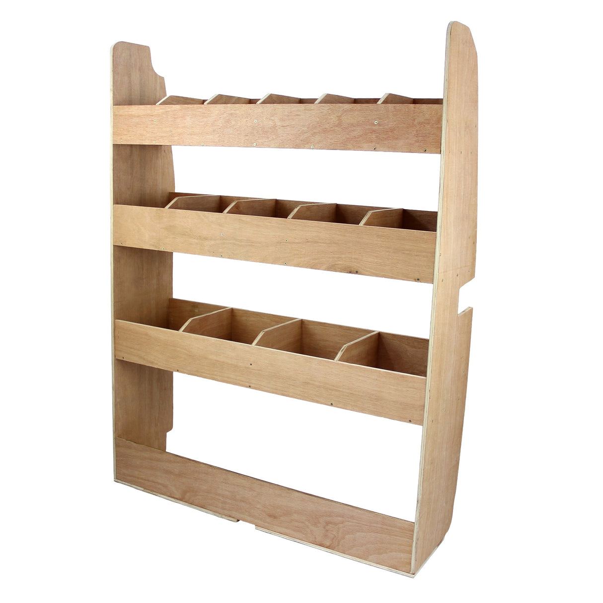 Rangement en MDF clair avec plusieurs compartiments, conçu pour optimiser l'espace dans un Ford Transit Custom SWB, finition lisse et robuste