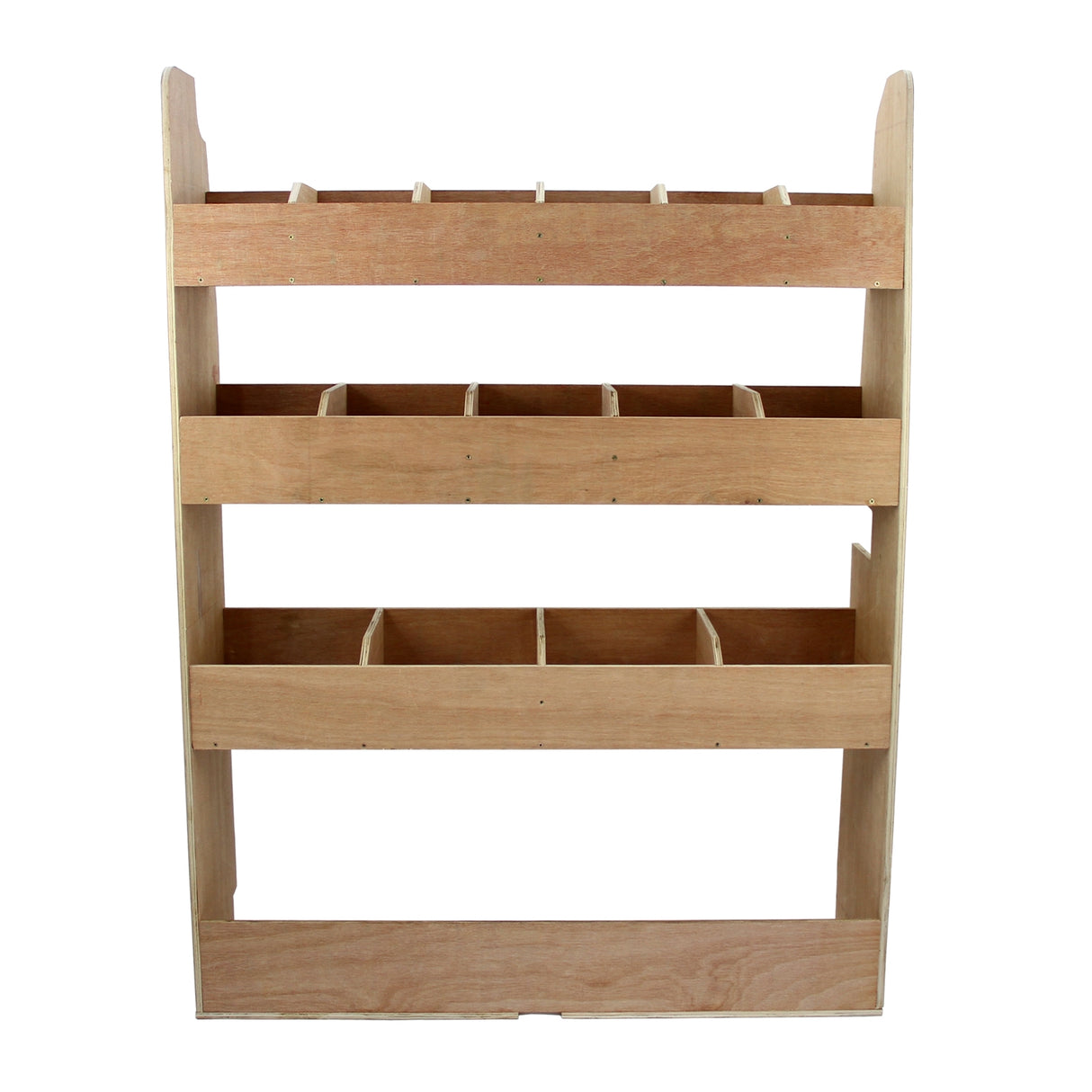 Rangement MDF en bois clair avec plusieurs compartiments, conçu pour optimiser l'espace dans un Ford Transit Custom SWB