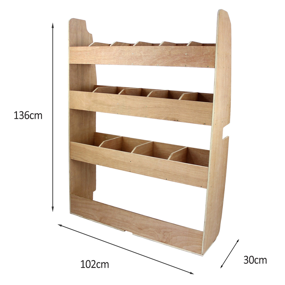 Rangement MDF en bois clair avec plusieurs compartiments, dimensions 136 cm de hauteur, 102 cm de largeur et 30 cm de profondeur, idéal pour Ford Transit Custom