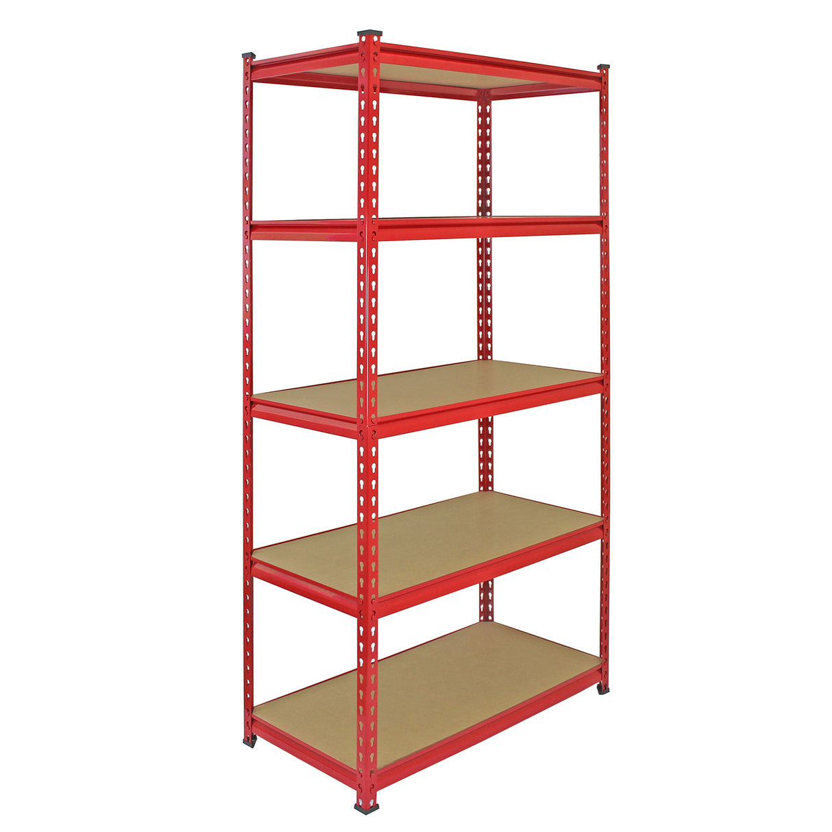 Rayonnage Z-Rax en acier rouge, dimensions 90cm x 45cm x 183cm, avec cinq étagères en bois, robuste et idéal pour le rangement
