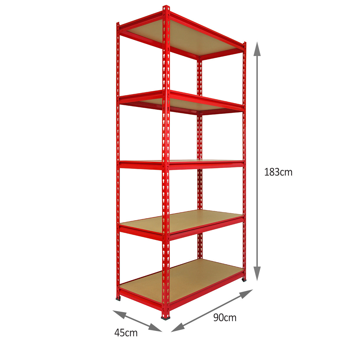 Rayonnage d'angle Z-Rax en acier rouge avec cinq étagères en bois, dimensions 90 cm x 45 cm x 183 cm, robuste et fonctionnel