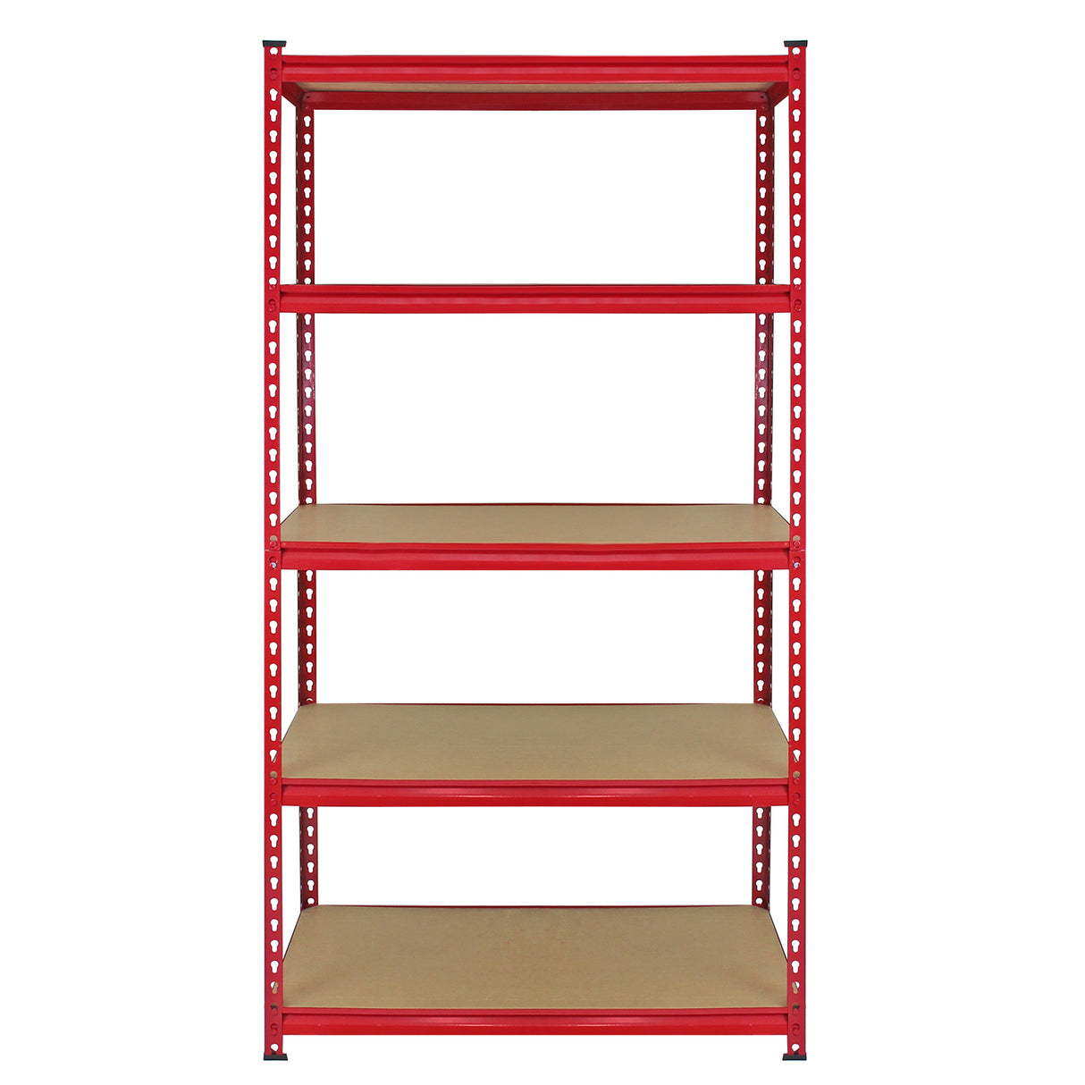 Rayonnage Z-Rax en acier rouge, 5 étagères en bois clair, dimensions 90cm x 45cm x 183cm, robuste et idéal pour le rangement