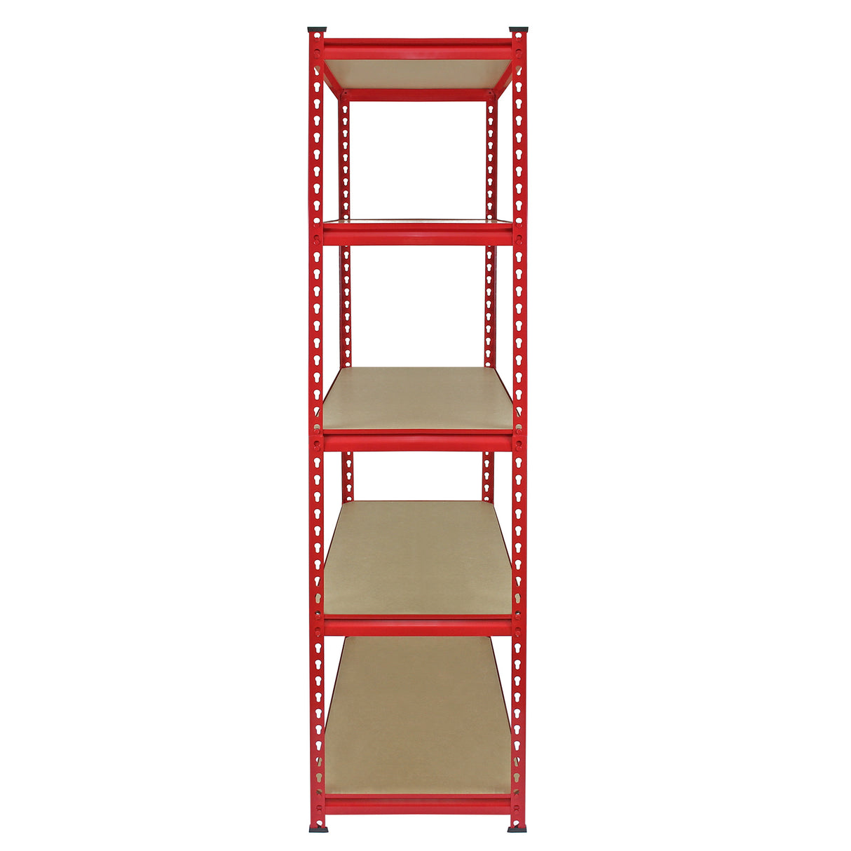 Rayonnage Z-Rax en acier rouge avec cinq étagères en bois, dimensions 90cm x 45cm x 183cm, idéal pour le rangement robuste
