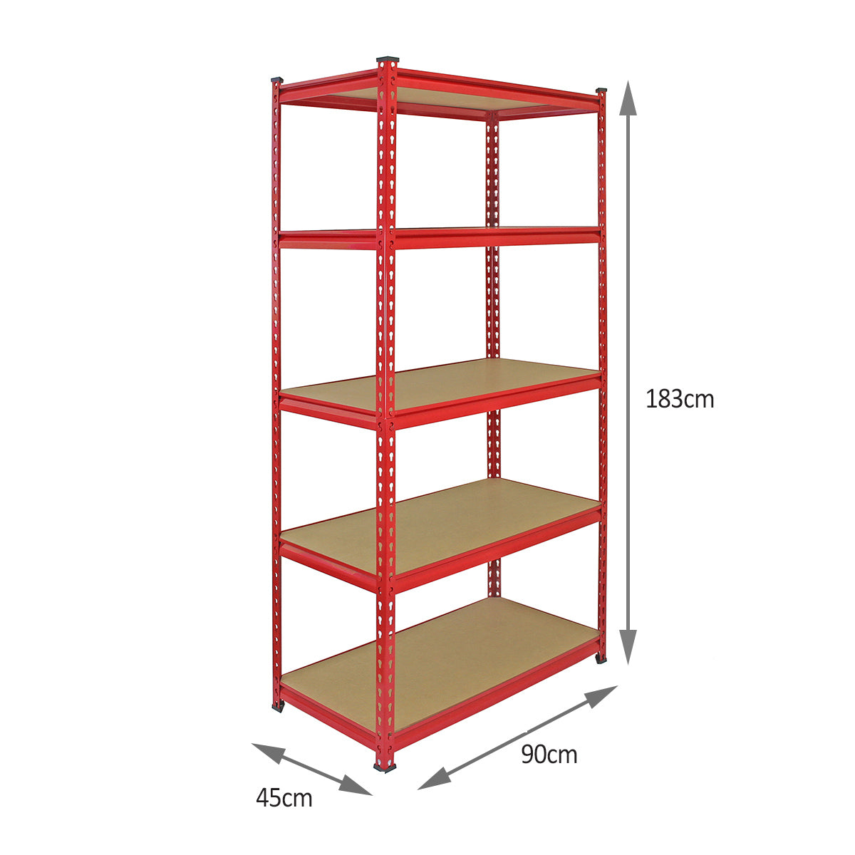 Rayonnage en acier rouge avec cinq étagères en bois, dimensions 90cm x 45cm x 183cm, idéal pour le rangement et l'organisation
