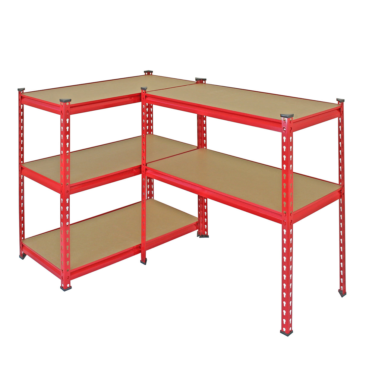Rayonnages Z-Rax en acier rouge, dimensions 90cm x 45cm x 183cm, avec étagères en bois, offrant robustesse et espace de rangement optimal