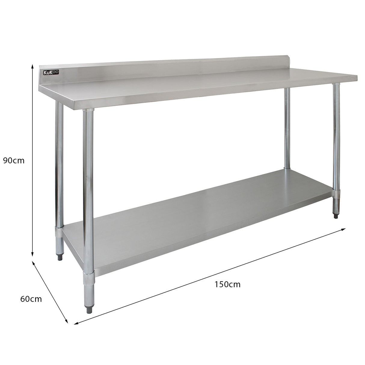 Plan de travail en acier inoxydable de 150 cm avec étagère d'appoint, finition lisse, pieds réglables et design moderne