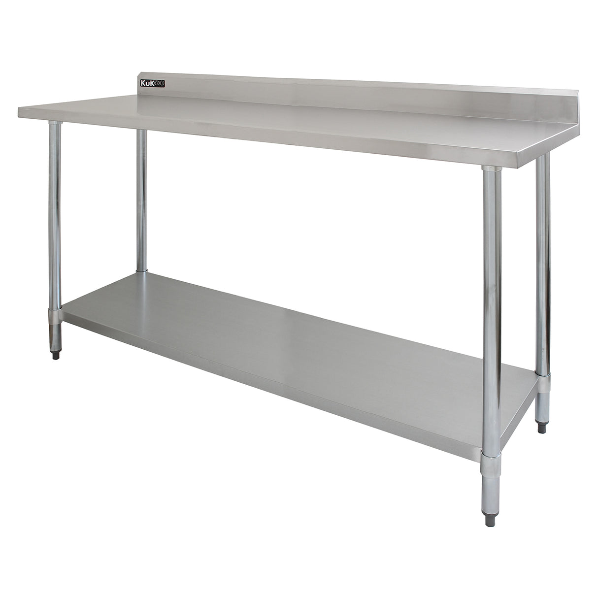 Plan de travail en acier inoxydable de 180 cm avec étagère d'appoint à deux niveaux, finition lisse et brillante, pieds réglables