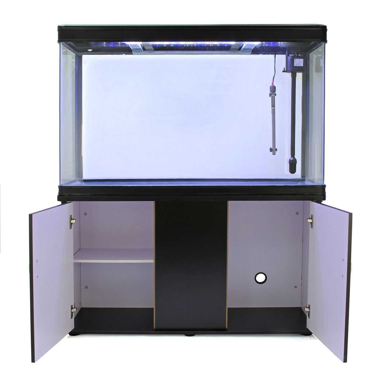 Aquarium noir élégant avec meuble de support, portes blanches et gravier blanc, éclairage LED intégré pour un effet lumineux
