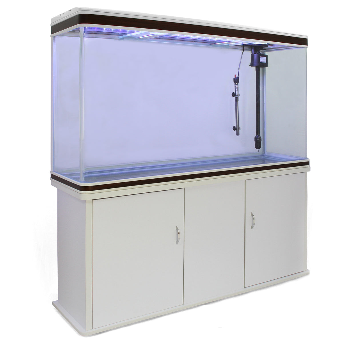 Aquarium blanc moderne avec meuble de support blanc, éclairage LED, et espace de rangement sous le réservoir transparent et épuré