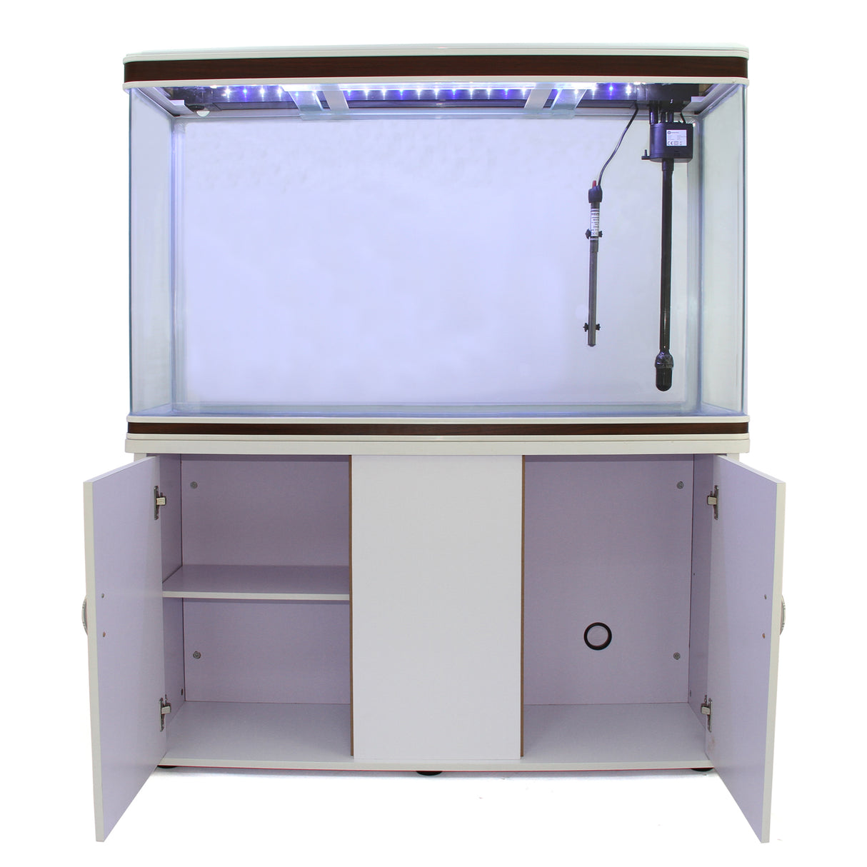 Aquarium blanc moderne avec meuble de support blanc, éclairage LED intégré, portes ouvertes révélant un espace de rangement intérieur
