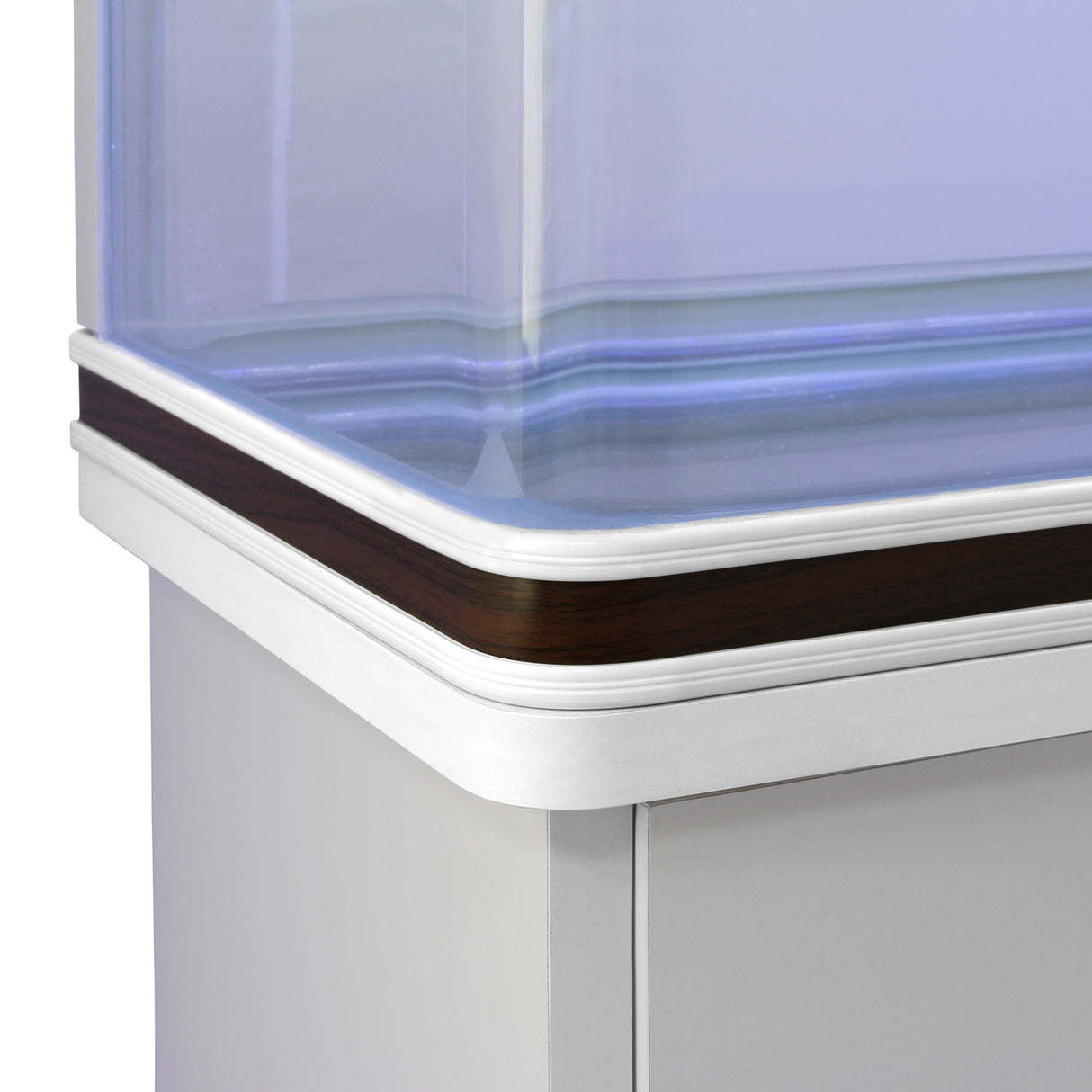 Aquarium blanc élégant avec meuble de support blanc, bord en bois foncé, éclairage LED intégré, design moderne et épuré