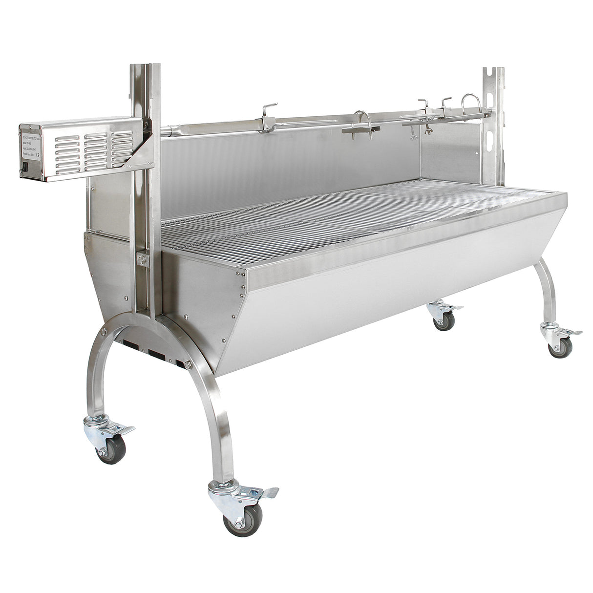 Rôtissoire en inox brillant avec panier de gril, capacité de 90 kg, roulettes pour un déplacement facile, design moderne et robuste