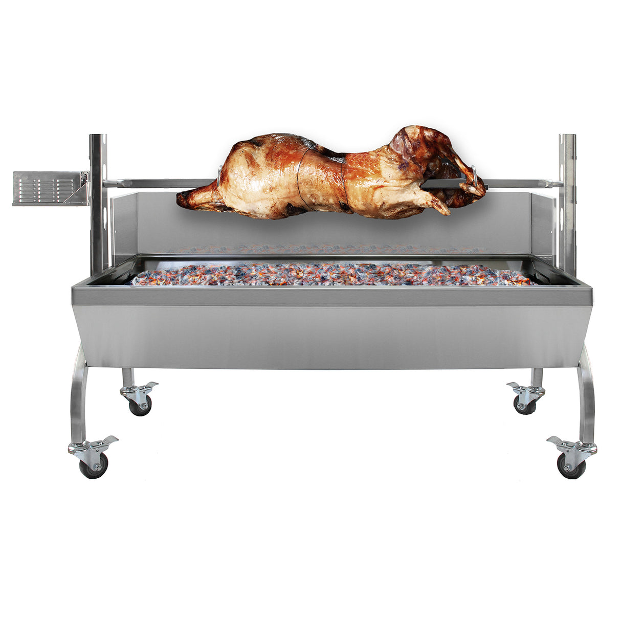 Rôtissoire en inox brillant avec un agneau rôti sur la broche, panier de gril en dessous, roulettes pour un déplacement facile