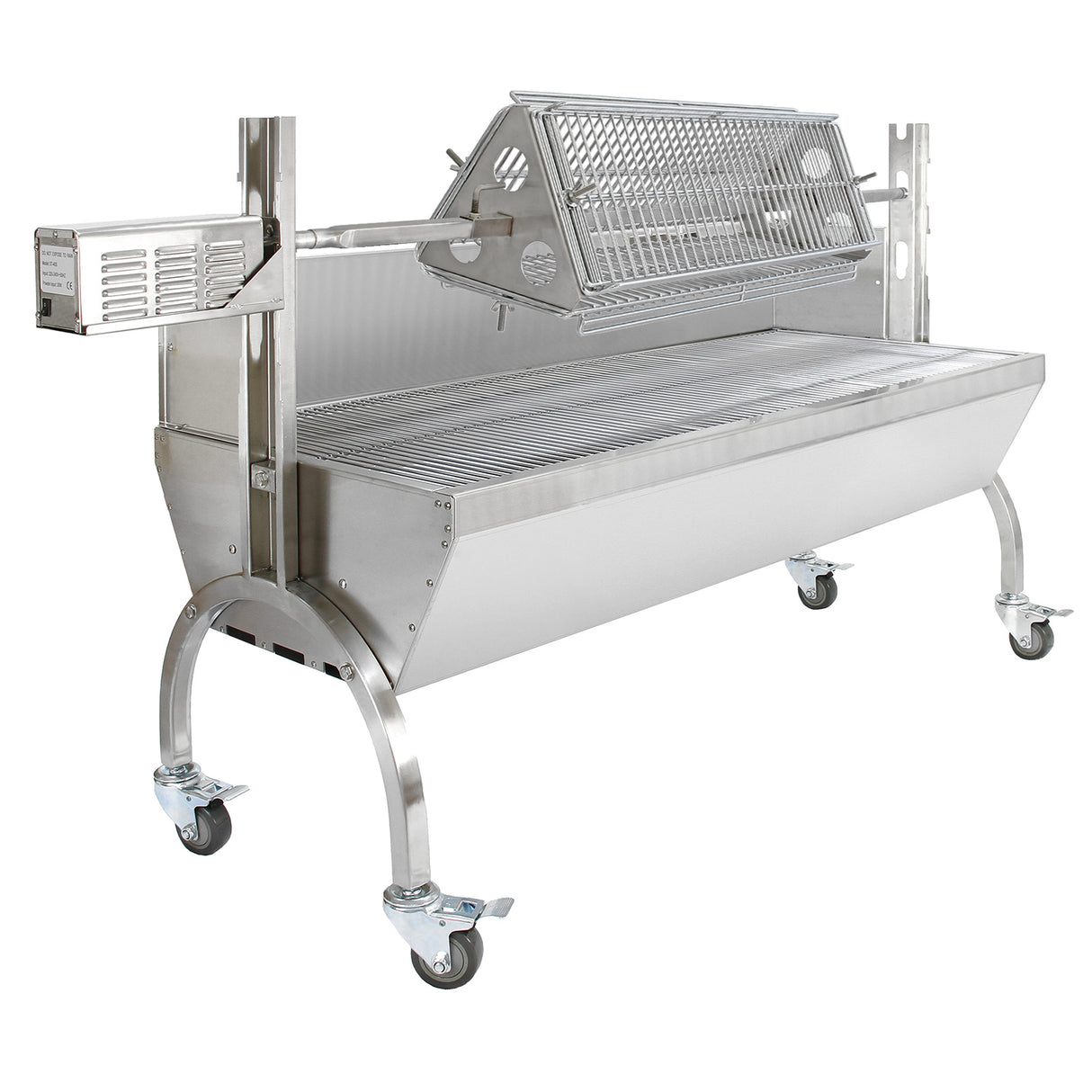 Rôtissoire en inox brillant avec panier de grill, capacité de 90 kg, roulettes pour un déplacement facile, design robuste et moderne