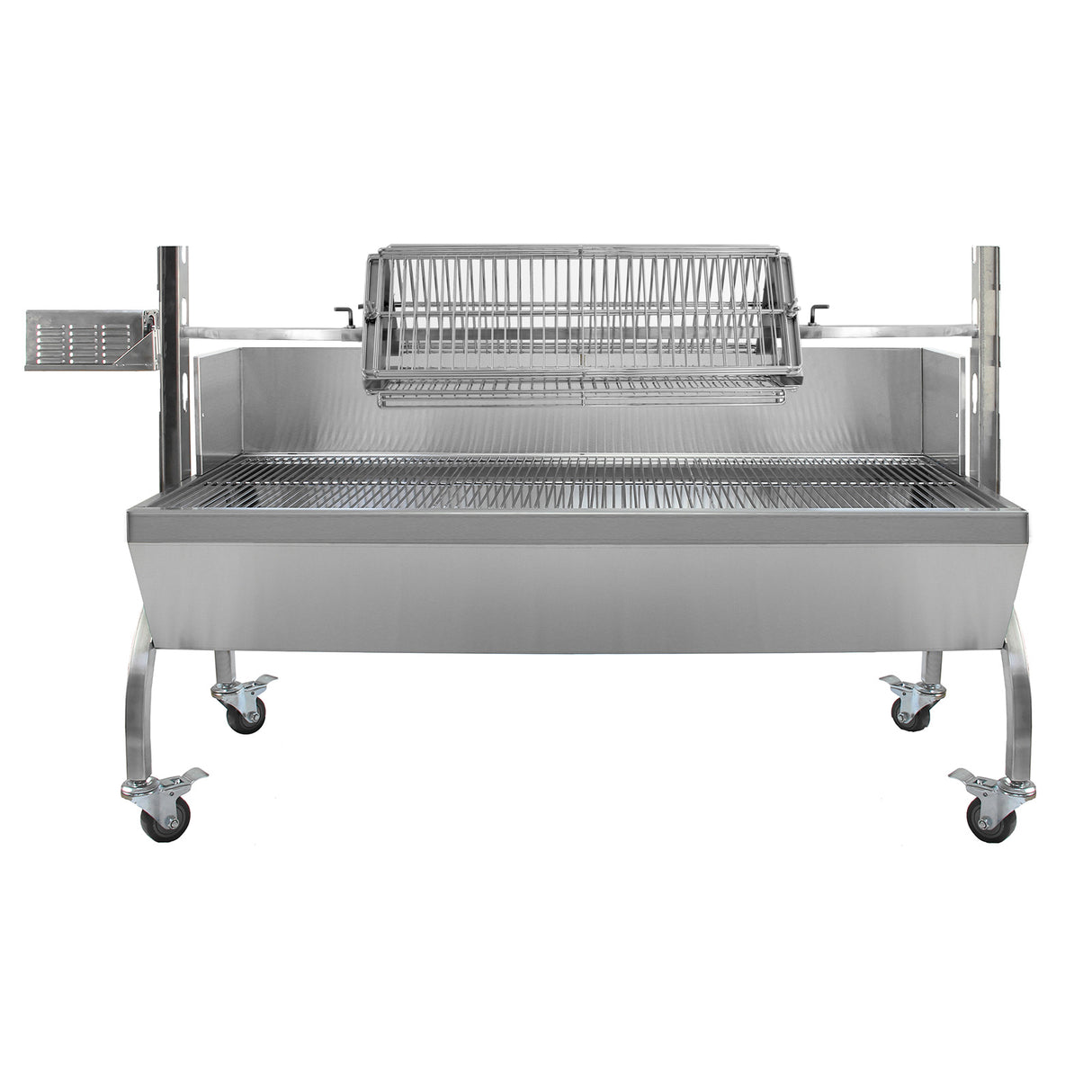 Rôtissoire en inox brillant avec panier de gril, capacité de 90 kg, surface lisse et roulettes pour un déplacement facile
