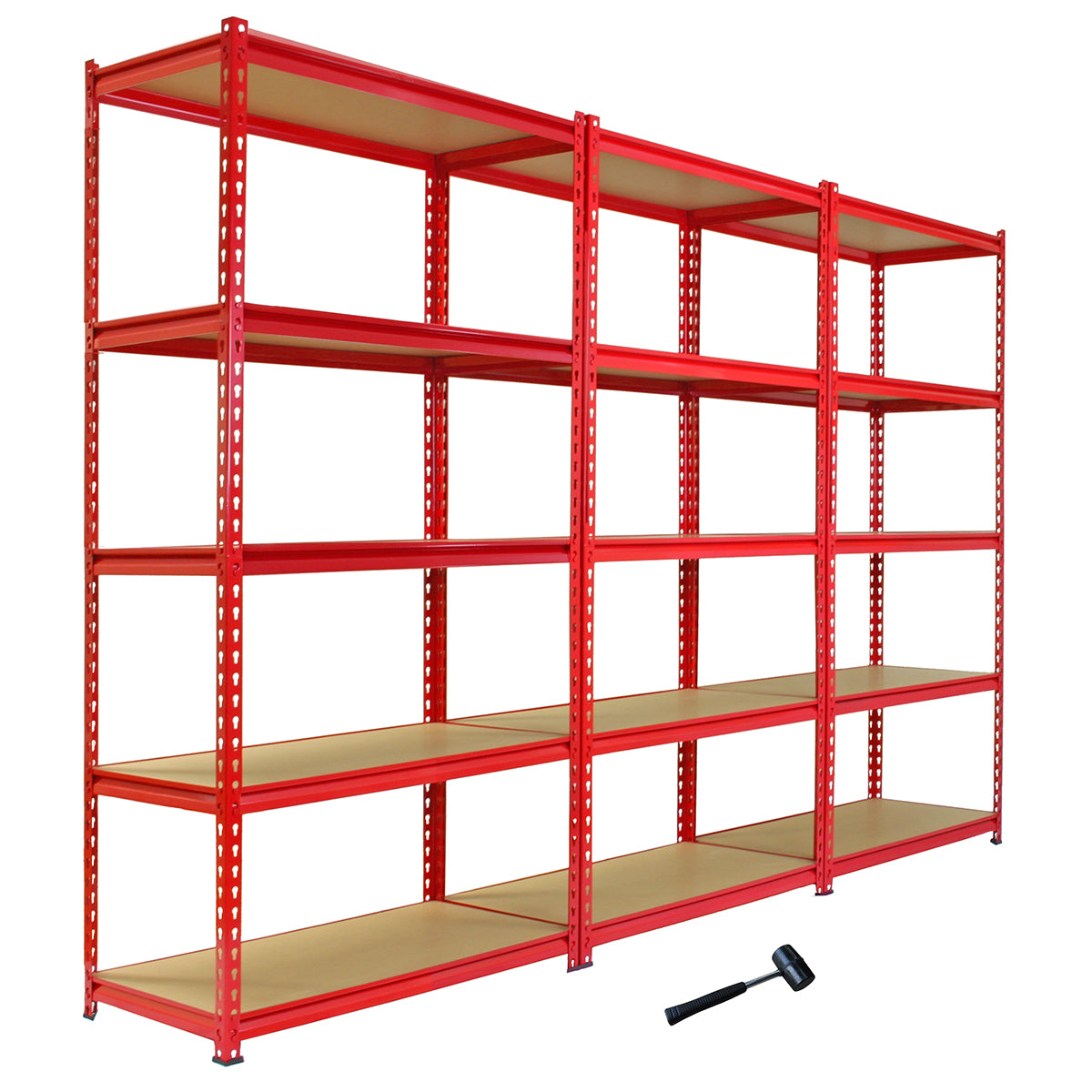 Rayonnages Z-Rax en acier rouge, dimensions 90cm x 45cm x 183cm, avec étagères en bois clair, robuste et spacieux pour rangement efficace