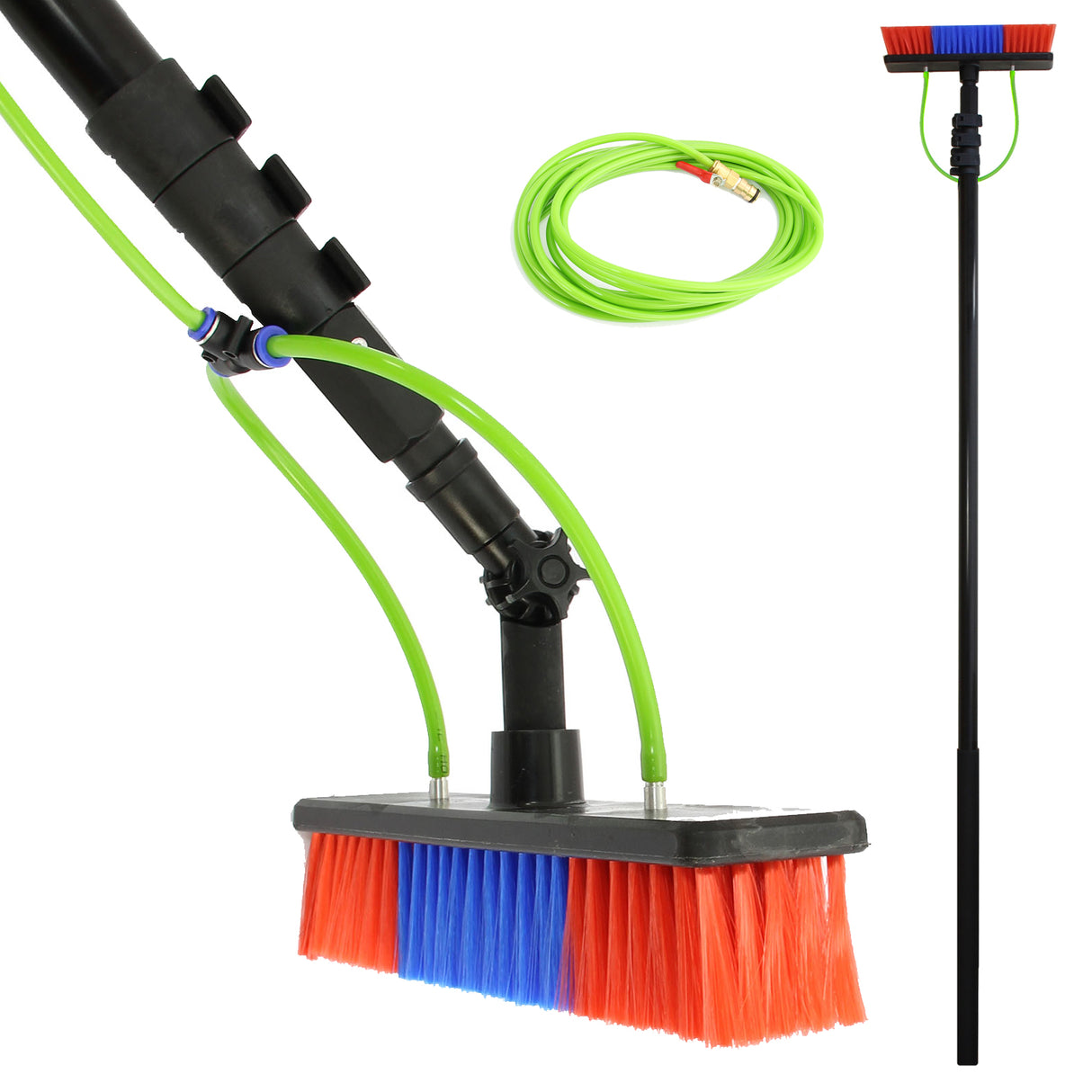Perche télescopique de 7,4 m avec brosse rouge et bleue, tuyau vert, conçue pour un nettoyage efficace des fenêtres
