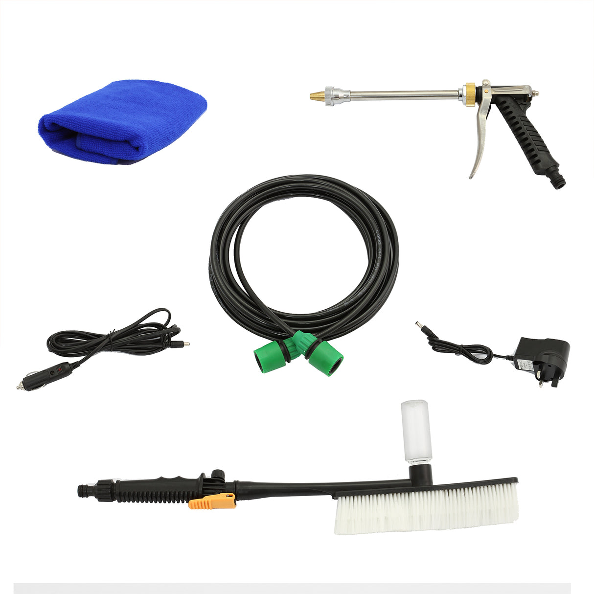 Réservoir d'eau de 30 L avec accessoires de nettoyage : brosse, tuyau noir, embouts verts, câble d'alimentation et chiffon bleu doux