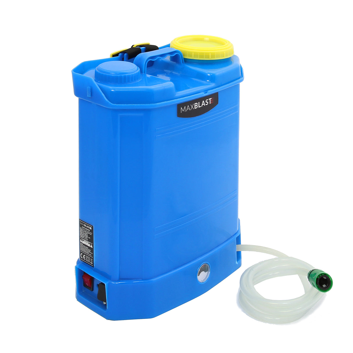 Réservoir d'eau bleu de 16 L avec bouchon jaune, équipé d'un tuyau transparent pour un nettoyage efficace et pratique