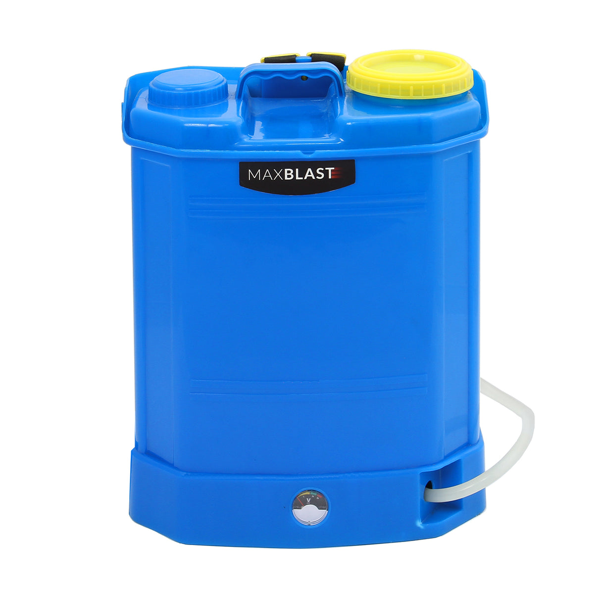 Réservoir d'eau bleu MAXBLAST de 16 L avec couvercle jaune, poignée ergonomique et robinet pour un nettoyage facile et pratique