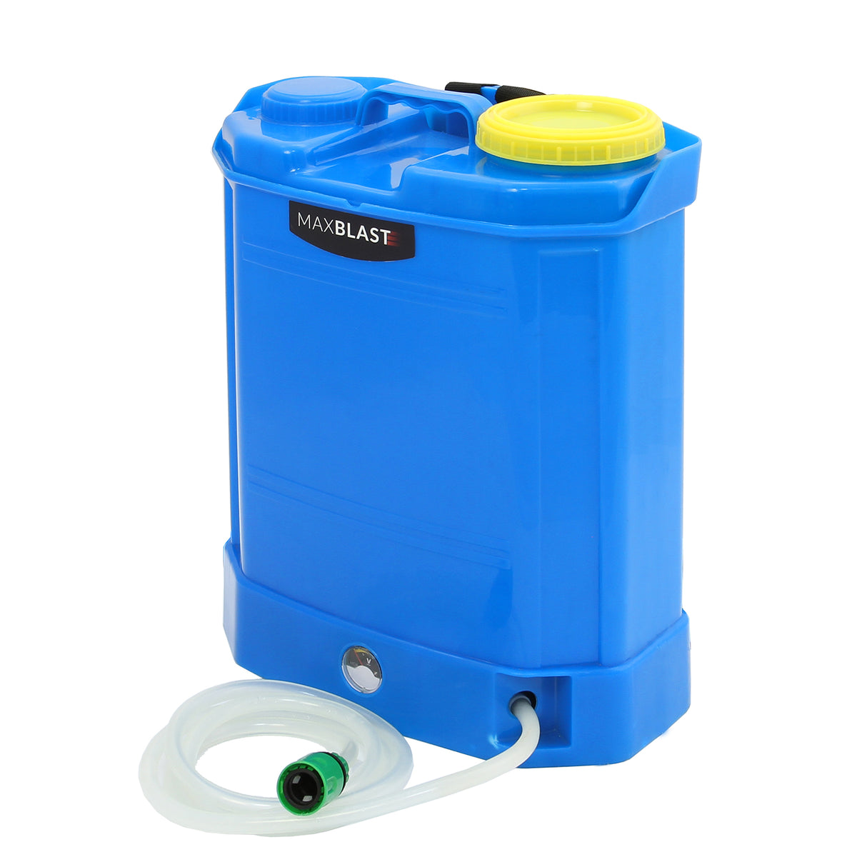 Réservoir d'eau bleu de 16 L avec couvercle jaune, tuyau flexible, idéal pour le nettoyage et l'arrosage en extérieur