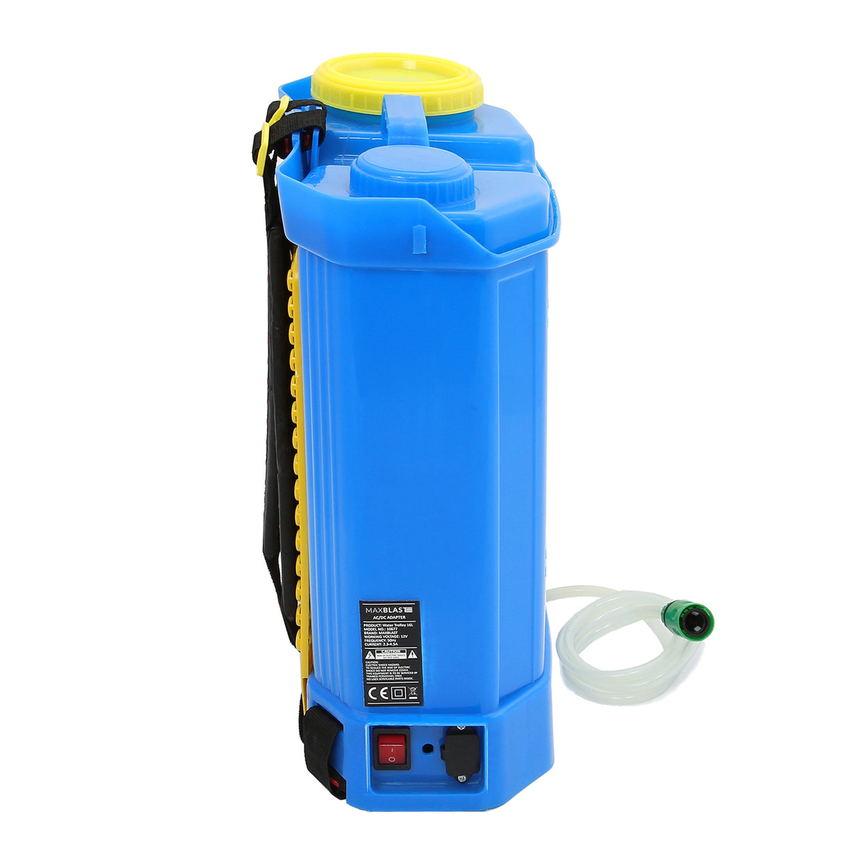 Réservoir d'eau bleu de 16 L en sac à dos avec un couvercle jaune, équipé d'une perche de nettoyage de 6 m et d'un tuyau flexible