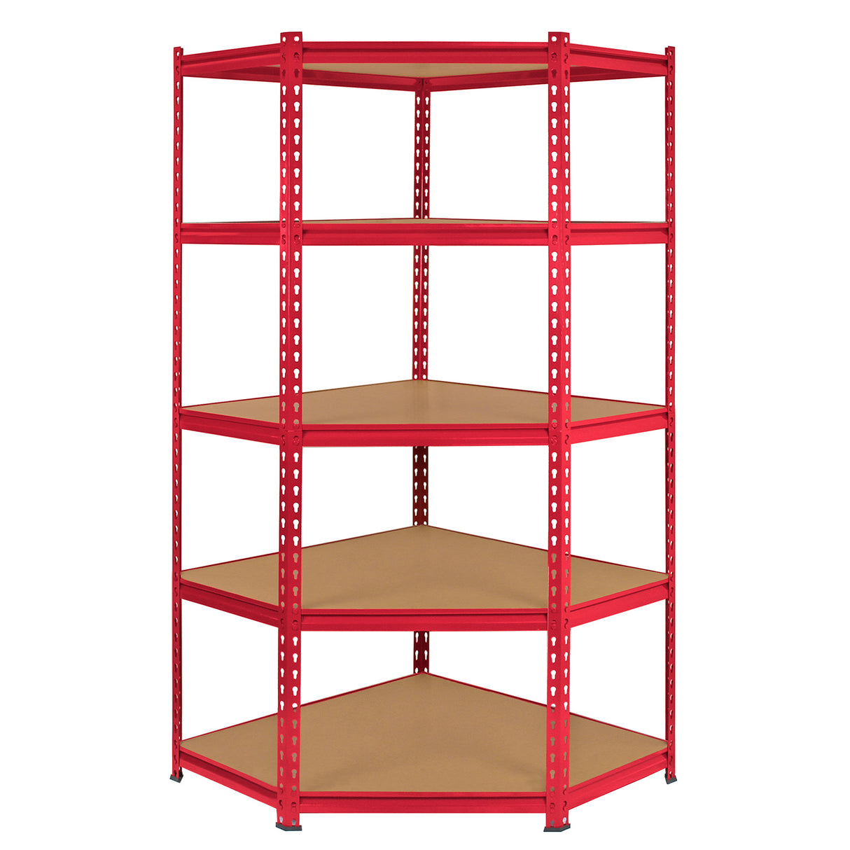 Rayonnage d'angle Z-Rax en acier rouge avec étagères en bois, offrant un design robuste et fonctionnel pour le rangement efficace