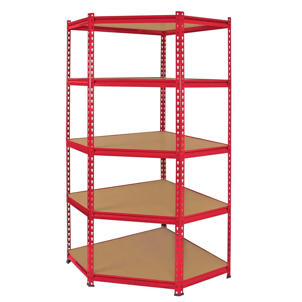 Rayonnage d'angle Z-Rax en acier rouge, dimensions 90cm x 45cm x 183cm, avec étagères en bois clair et finition lisse