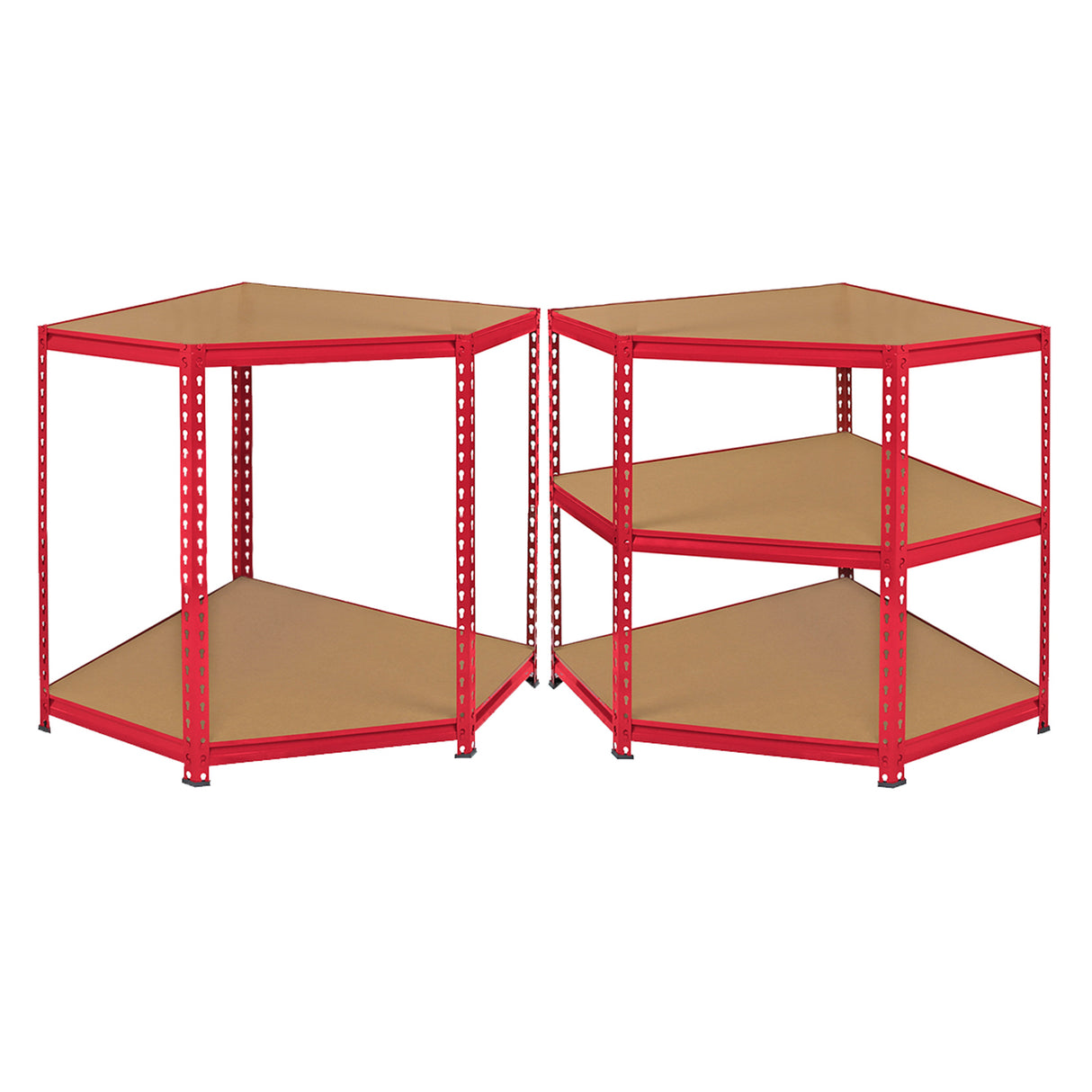 Rayonnage d'angle Z-Rax en acier rouge, dimensions 90cm x 45cm x 183cm, avec étagères en bois clair et structure robuste