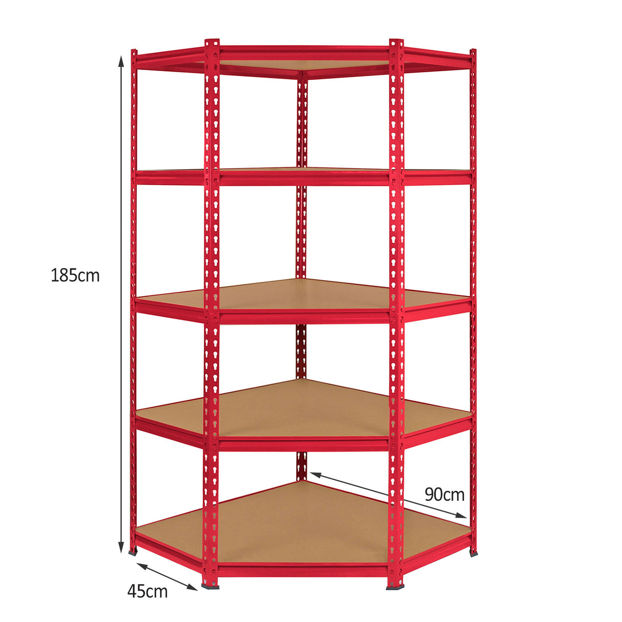 Rayonnage d'angle en acier rouge de 90cm x 45cm x 183cm avec étagères en bois, offrant une structure robuste et moderne pour le rangement