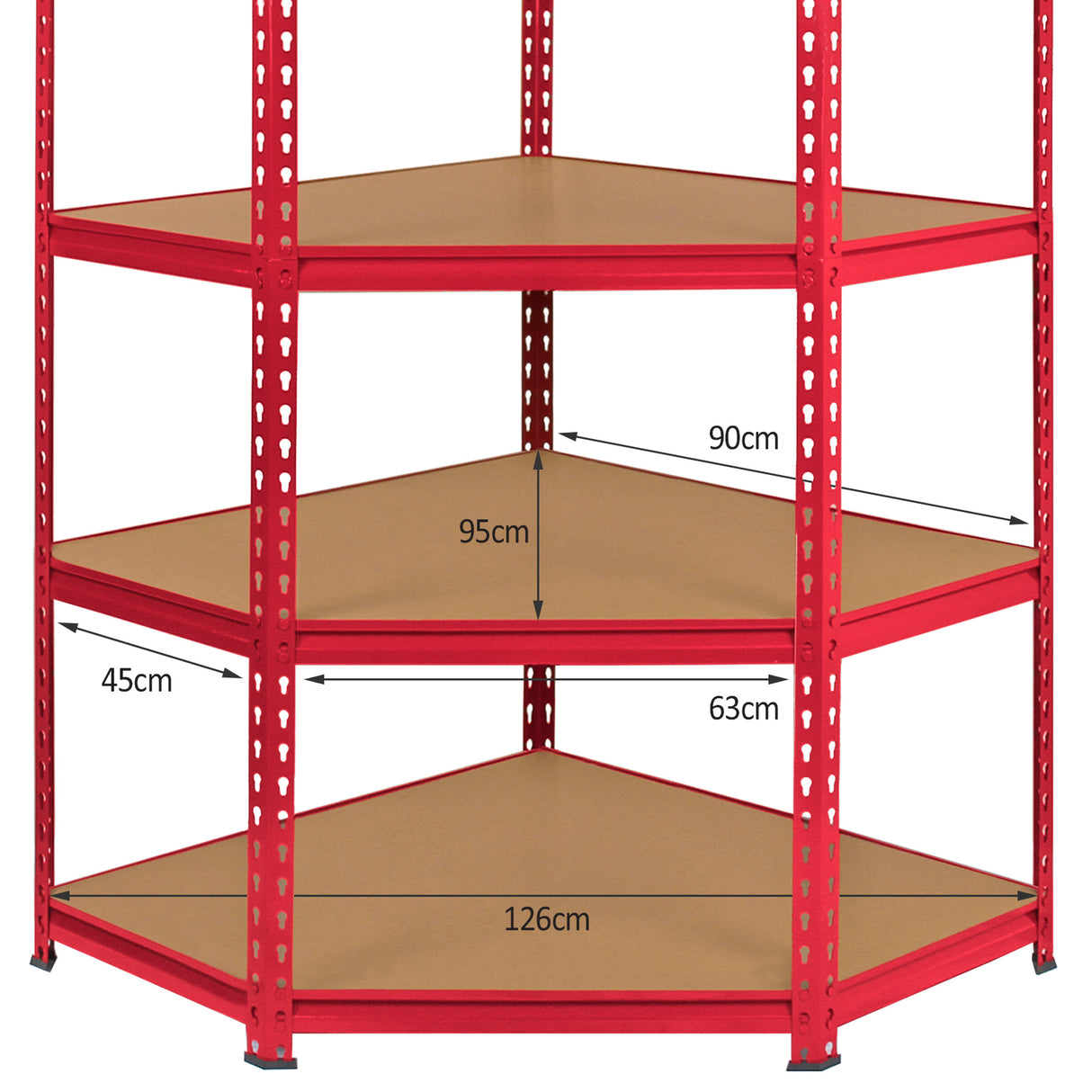 Rayonnage d'angle Z-Rax en acier rouge avec étagères en bois, dimensions 90cm x 45cm x 183cm, design robuste et fonctionnel