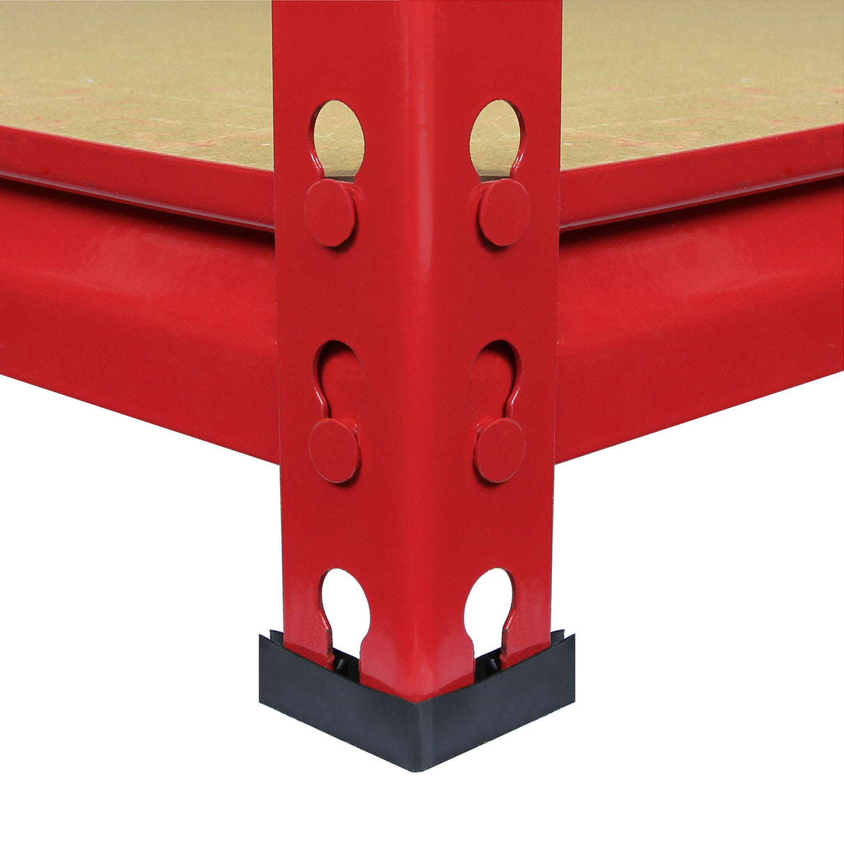 Rayonnage d'angle Z-Rax en acier rouge avec supports ronds, finition lisse et base en plastique noir pour une stabilité optimale