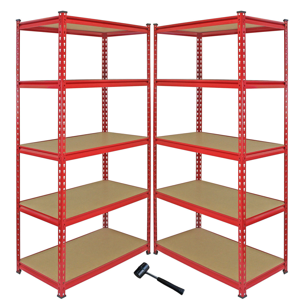 Rayonnage d'angle en acier rouge avec étagères en bois, idéal pour le rangement, robuste et spacieux, comprenant un maillet en bas à gauche