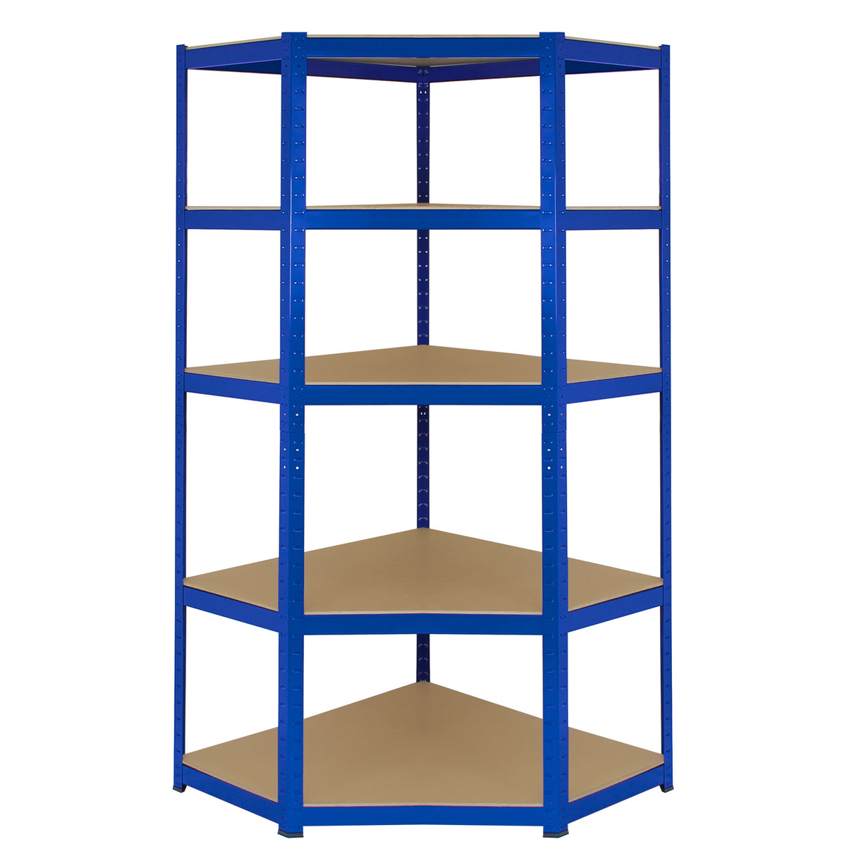 Rayonnage d'angle T-Rax en acier bleu, dimensions 90cm x 45cm x 180cm, avec étagères en bois beige, design robuste et moderne
