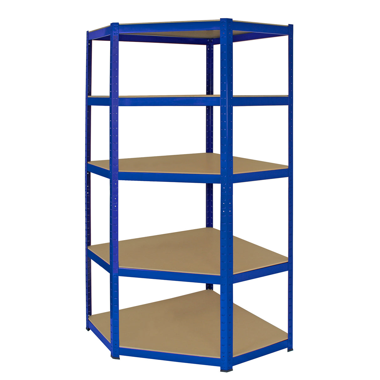 Rayonnage d'angle T-Rax en acier bleu, dimensions 90cm x 45cm x 180cm, avec étagères en bois clair et finition lisse