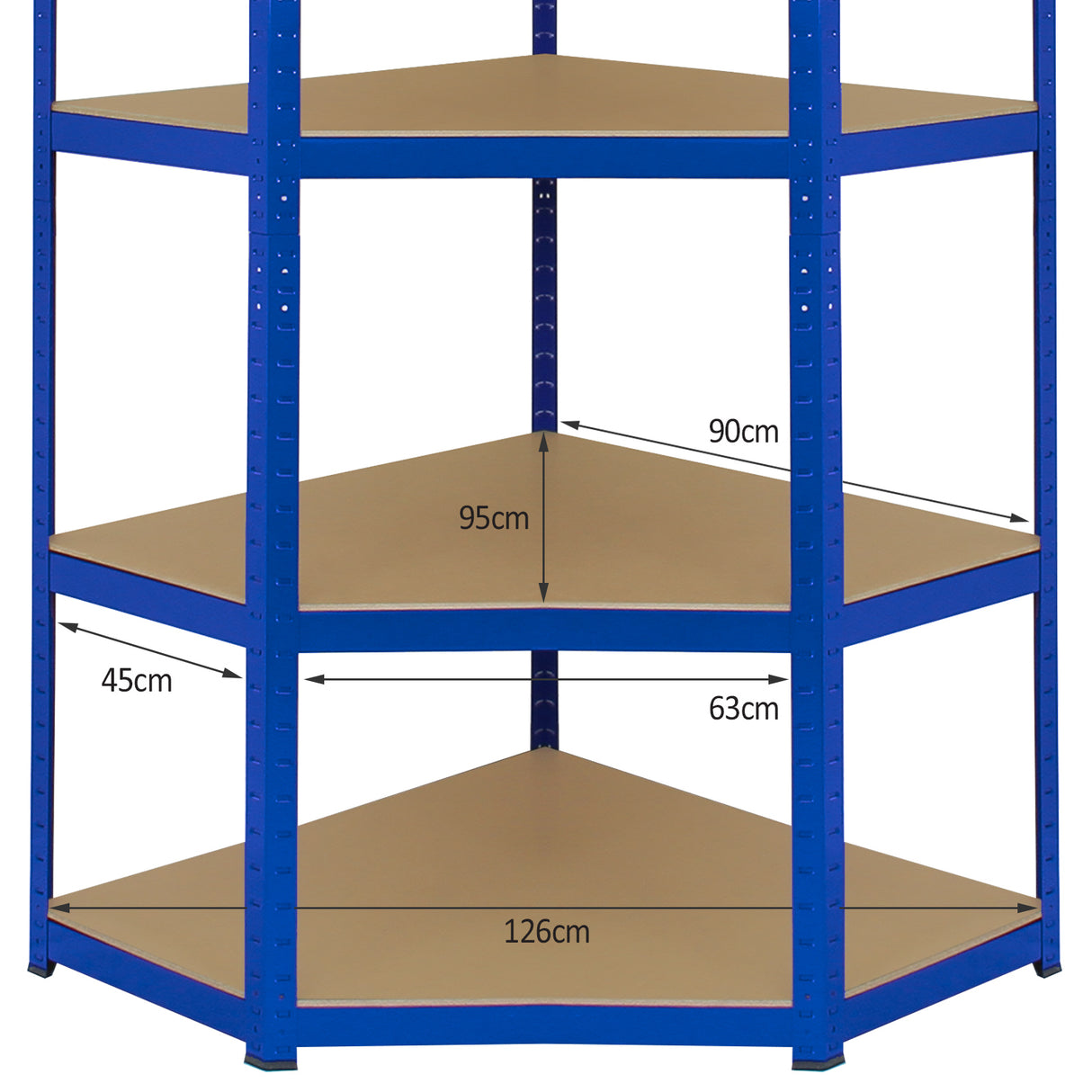 Rayonnage d'angle T-Rax en acier bleu, dimensions 90cm x 45cm x 180cm, avec étagères en bois clair et texture lisse