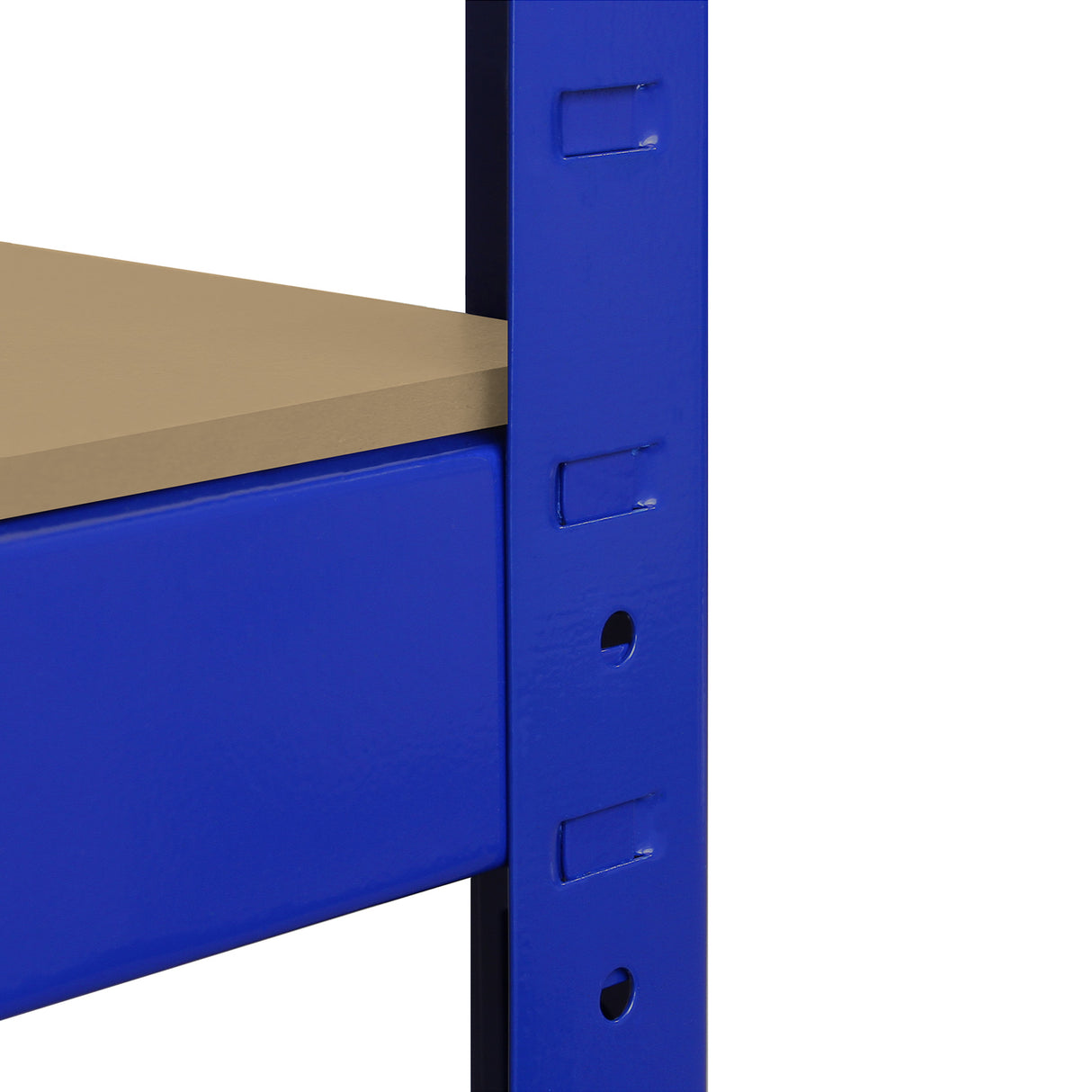 Rayonnage d'angle T-Rax en acier bleu, dimensions 90cm x 45cm x 180cm, avec étagère beige et finition lisse et durable