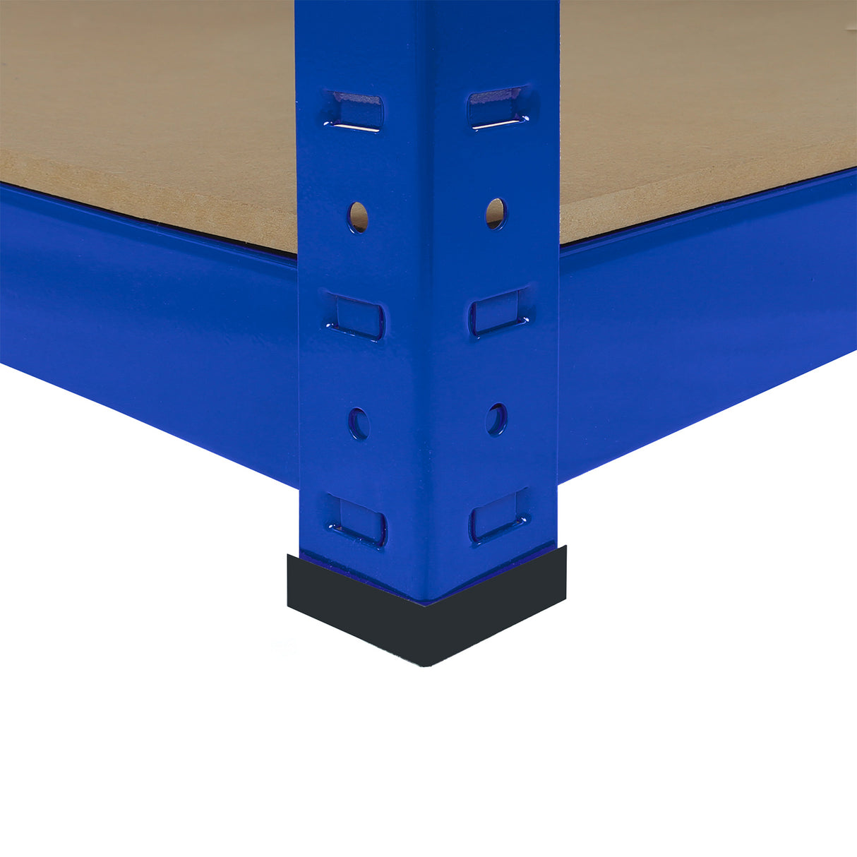 Rayonnage d'angle T-Rax en acier bleu, dimensions 90cm x 45cm x 180cm, avec une texture lisse et des coins renforcés en noir