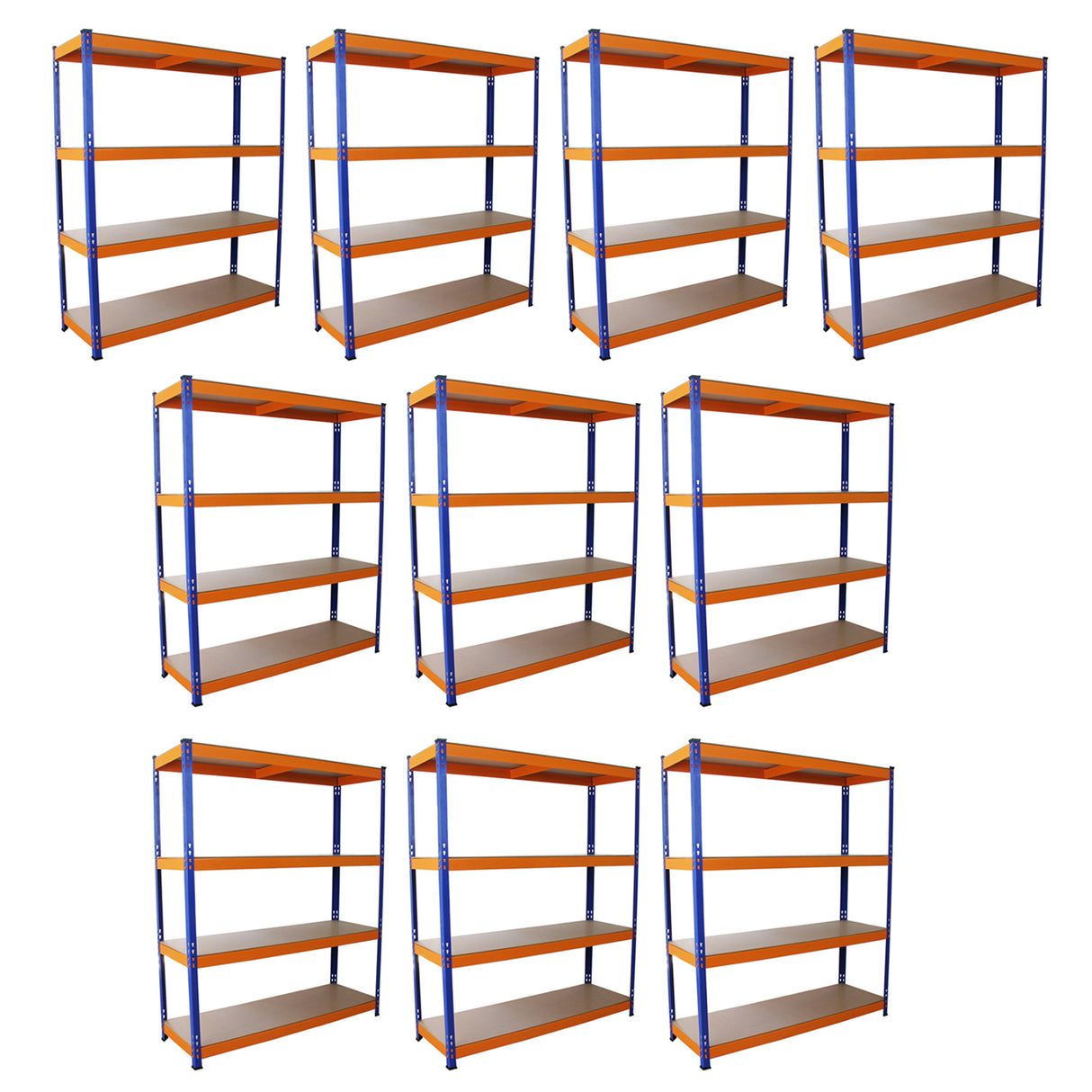Rayonnages en acier orange et bleu, 50cm x 150cm x 180cm, avec plusieurs étagères robustes pour un rangement efficace et organisé
