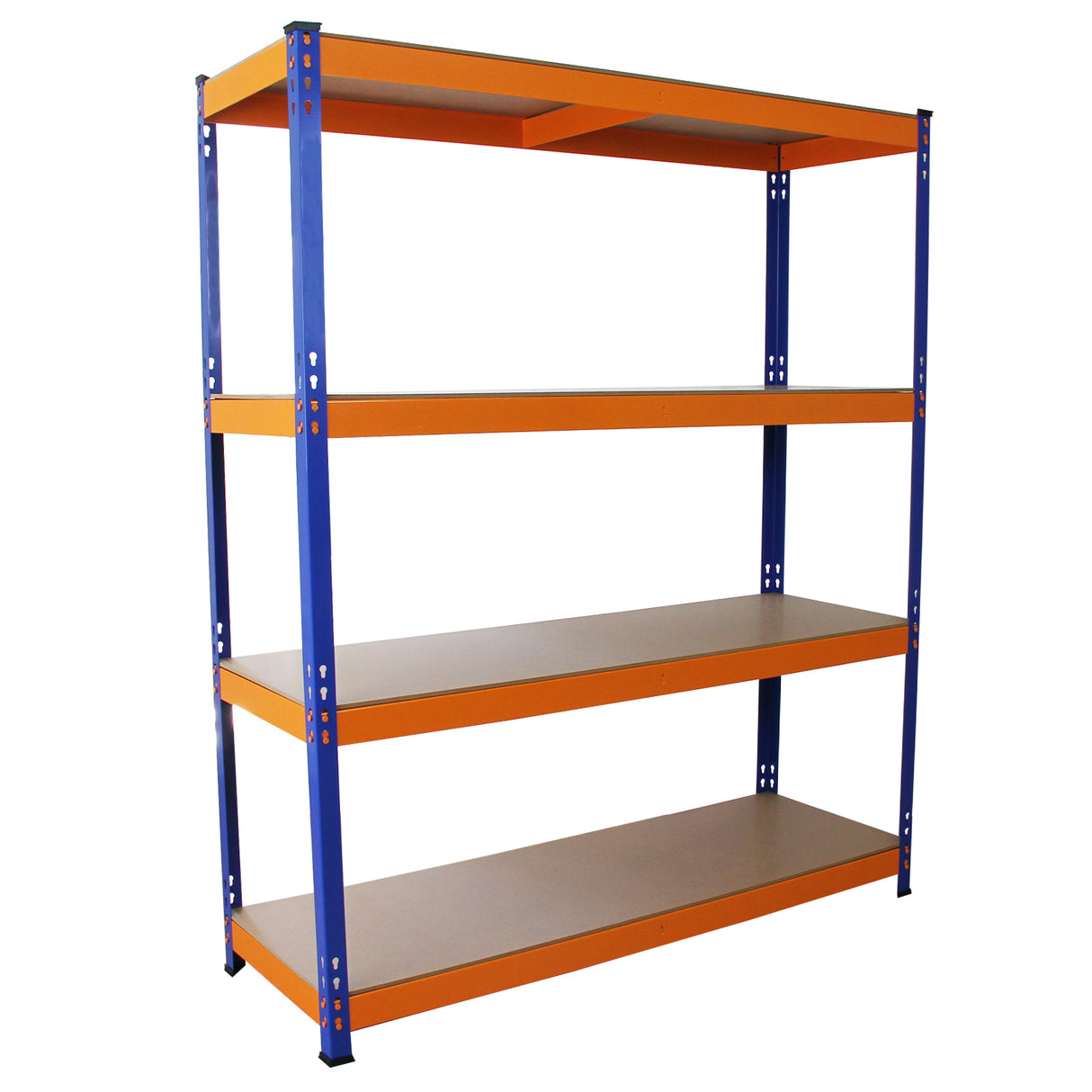 Rayonnage S-Rax en acier orange et bleu, dimensions 50cm x 150cm x 180cm, avec quatre étagères en bois, robuste et spacieux