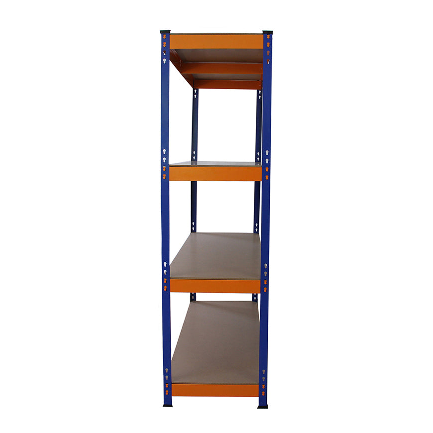 Rayonnage S-Rax en acier orange et bleu, dimensions 50cm x 150cm x 180cm, avec quatre étagères en bois clair et structure robuste