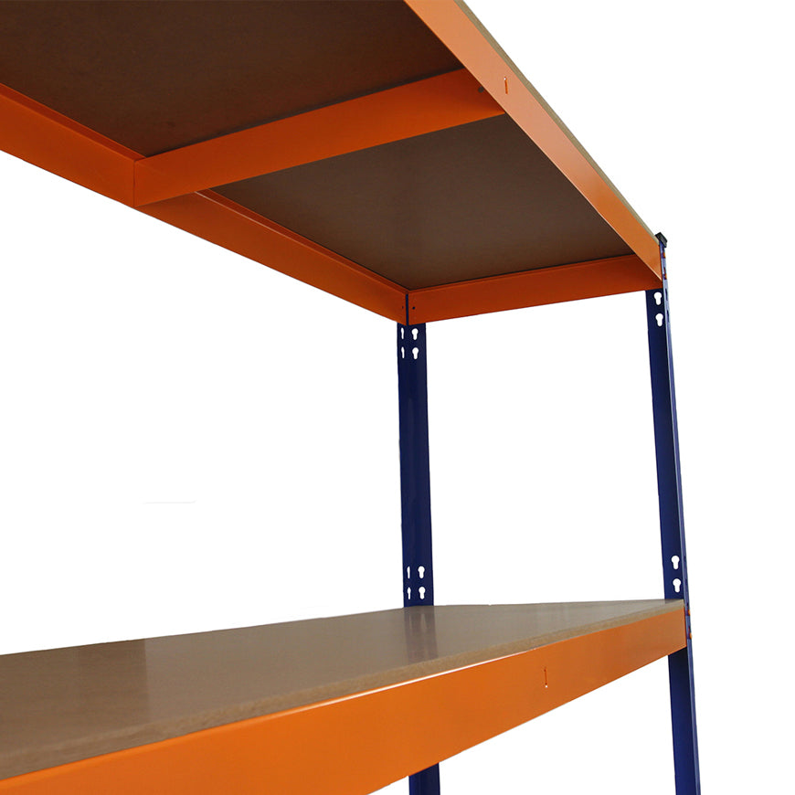 Rayonnage S-Rax en acier orange et bleu, dimensions 50cm x 150cm x 180cm, avec étagères robustes et finition lisse