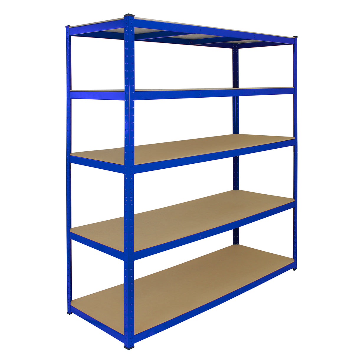 Rayonnage T-Rax en acier bleu avec cinq étagères en bois, dimensions 160cm x 60cm x 180cm, robuste et spacieux pour le rangement