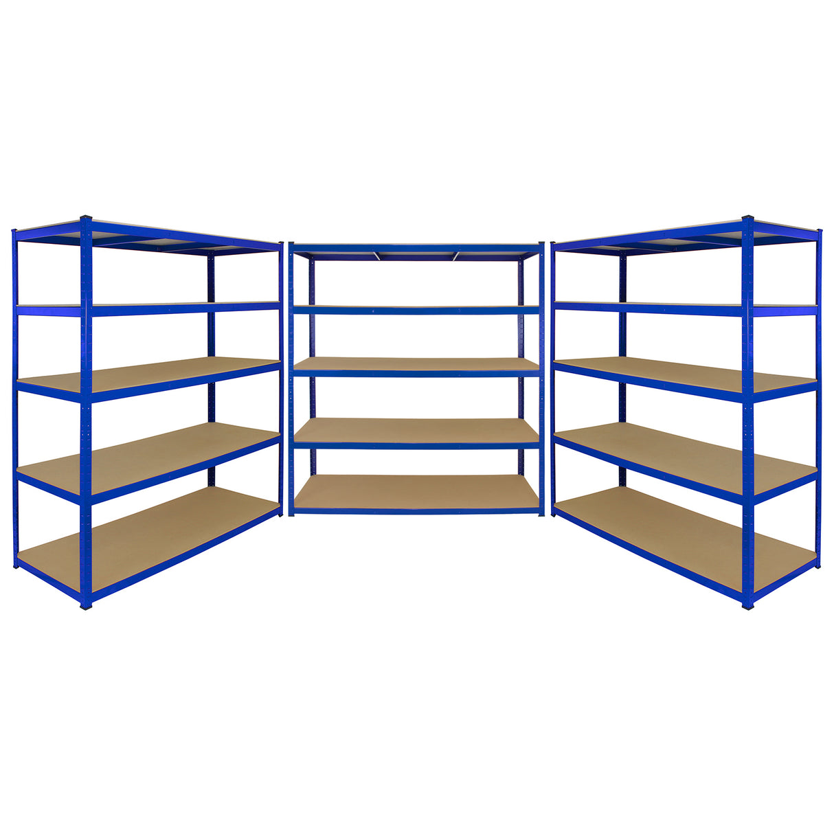 Rayonnages T-Rax en acier bleu, dimensions 160cm x 60cm x 180cm, avec étagères en bois clair, offrant une grande capacité de stockage