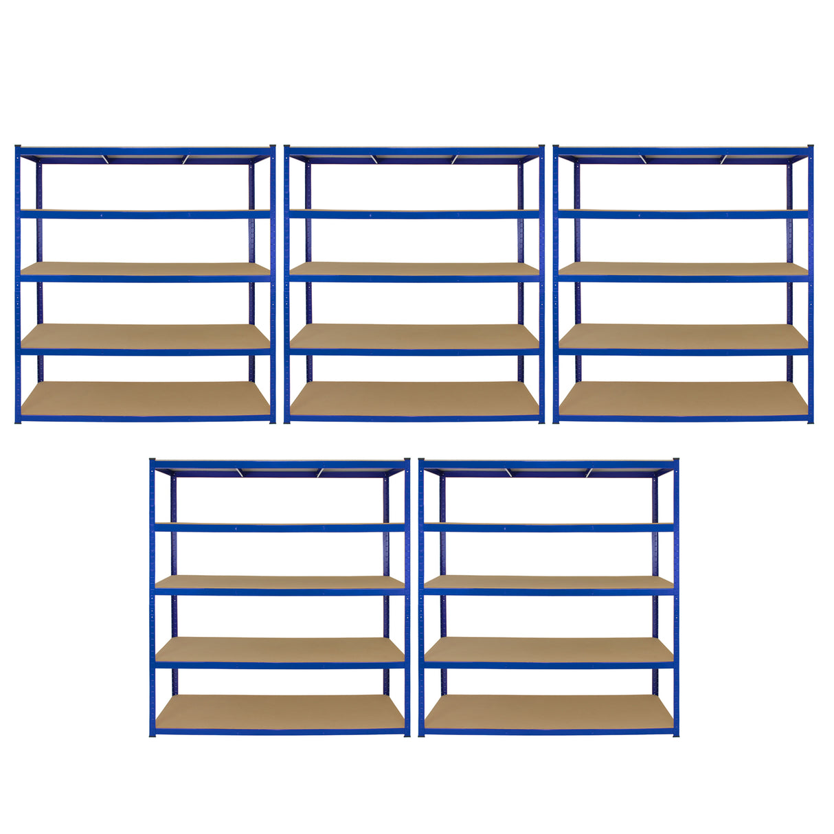 Rayonnages T-Rax en acier bleu, 5 unités, dimensions 160cm x 60cm x 180cm, avec étagères en bois clair et structure robuste