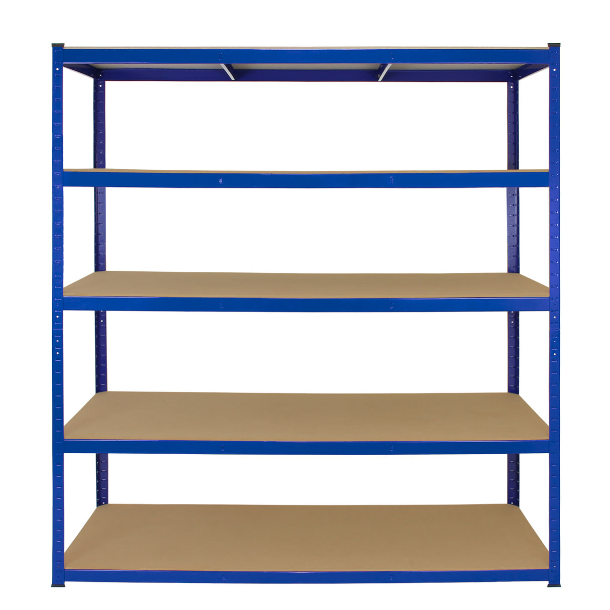 Rayonnage T-Rax en acier bleu, dimensions 160cm x 60cm x 180cm, avec cinq étagères en bois clair, surface lisse et robuste